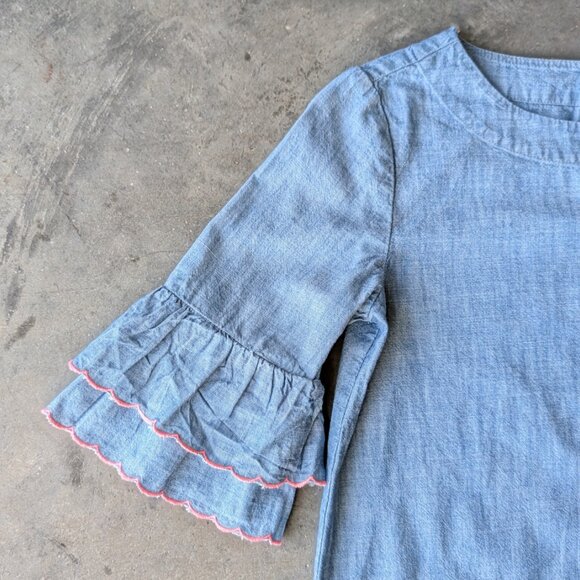 J. Crew Crewcuts Blue Denim Chambray Ruffle Sleeve Floral Embroidered Dress - Picture 2 of 6